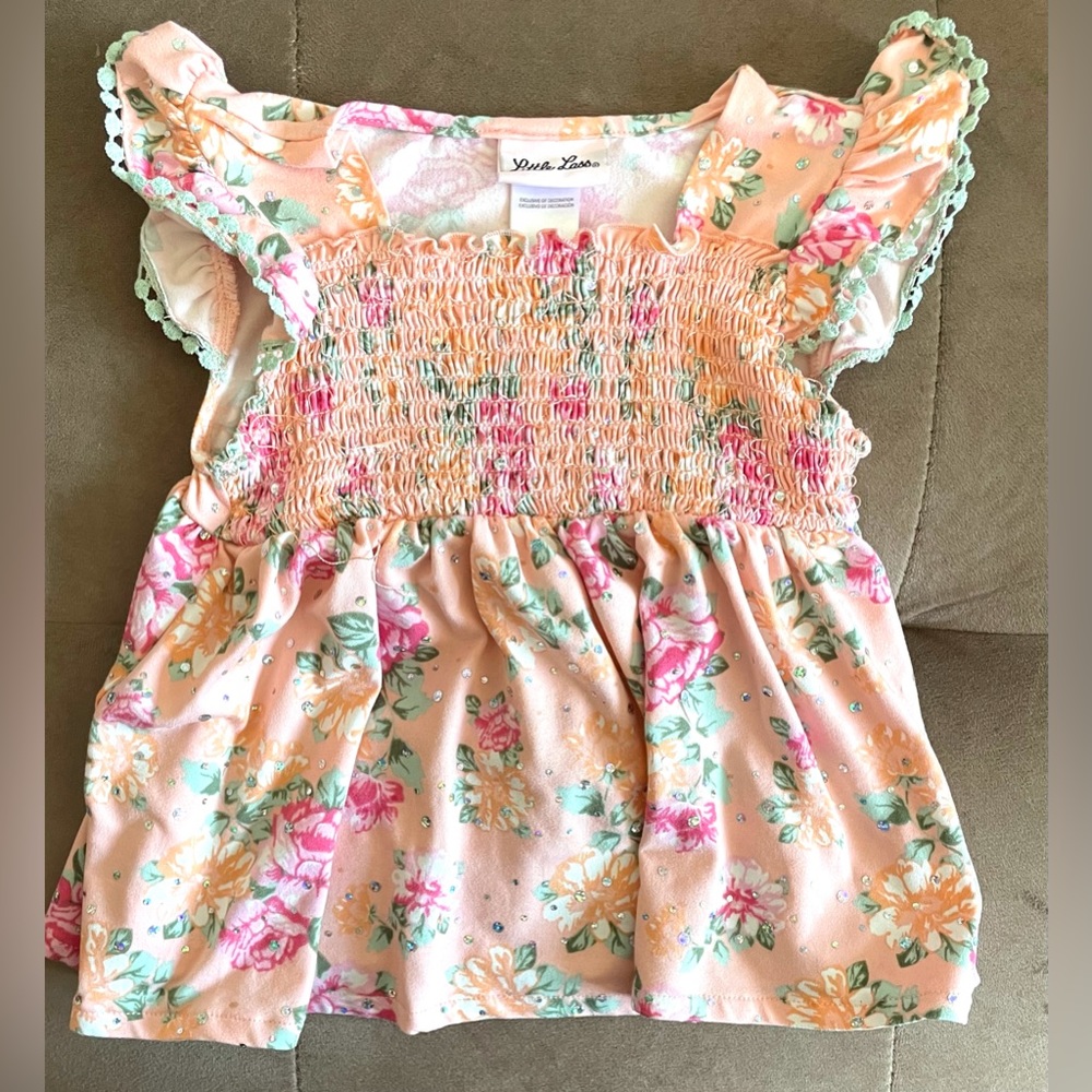 Girls Kids Toddler Childrens 5 pink peach floral blouse glittery frilly stretchy